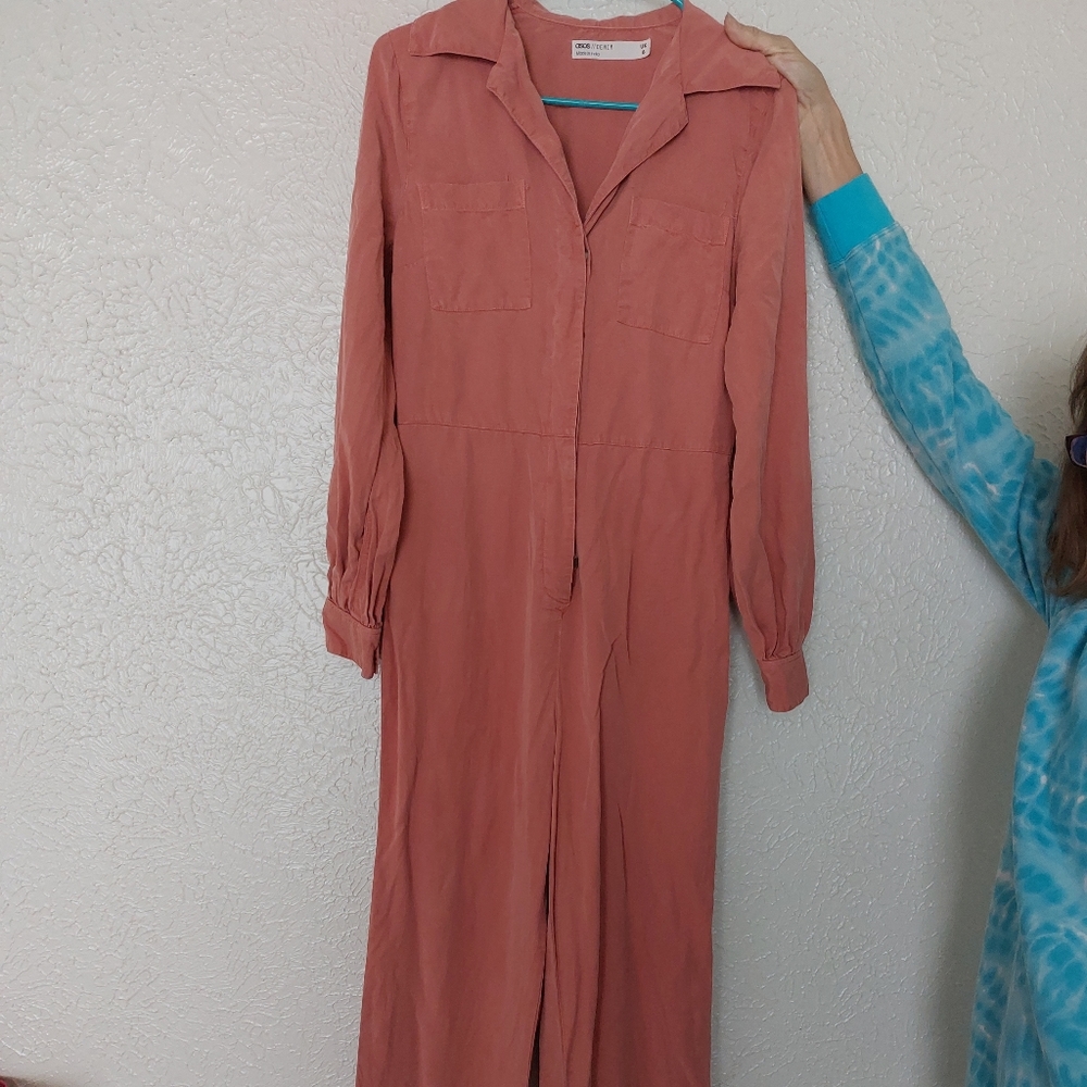 ASOS design tall denim soft drape jumpsuit with long sleeves in terracotta, US 4